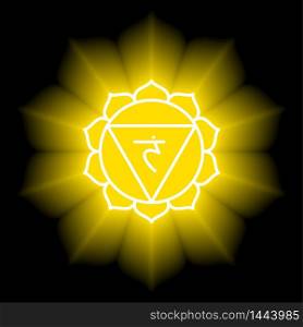 Manipura icon. The third sun chakra. Vector yellow gloss and shine. Line symbol. Sacral sign. Meditation
