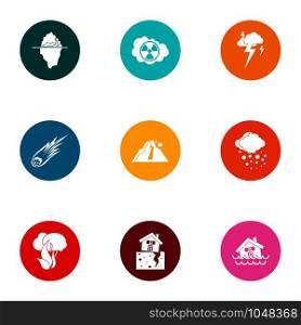 Manmade danger icons set. Flat set of 9 manmade danger vector icons for web isolated on white background. Manmade danger icons set, flat style