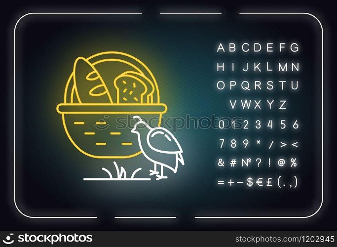 Manna and quail Bible story neon light icon. Bread loaves in basket and fowl. Religious legend. Biblical narrative. Glowing sign with alphabet, numbers and symbols. Vector isolated illustration