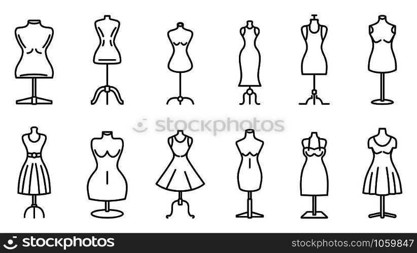 Mannequin atelier icons set. Outline set of mannequin atelier vector icons for web design isolated on white background. Mannequin atelier icons set, outline style