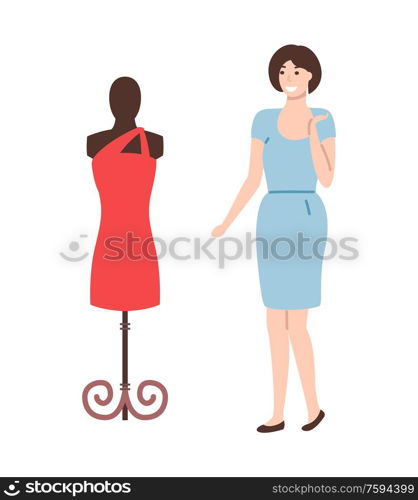 Mannequin with red dress and pretty woman going to by new apparel. Vector dummy with fashionable modern gown and lady in blue isolated, cartoon style. Mannequin with Red Dress and Pretty Woman Vector