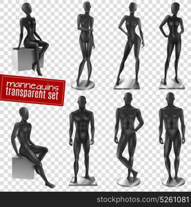 Mannequins Black Realistic Transparent Background Set. Retail window display black realistic female male full body movable joints mannequins collection transparent background vector illustration