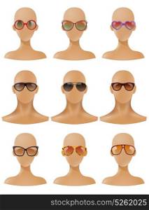 Mannequins Heads Display Sunglasses Realistic Set. Partial body parts realistic mannequins bald heads with fashionable sunglasses windows display collection realistic isolated vector illustration
