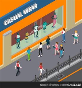 Mannequins In Showcase Isometric Illustration. Mannequins in showcase of shop with female casual wear and people at street isometric vector illustration
