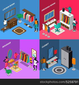 Mannequins Isometric Compositions. Isometric compositions with mannequins in clothing near dressing tables and wardrobe mirror and carpet isolated vector illustration