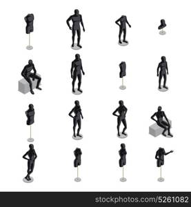 Mannequins Isometric Set. Isometric set of black male and female mannequins in various poses on white background isolated vector illustration