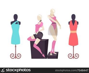 Mannequins with clothes dresses and shorts vector. Showcase of clothing, classic casual robe. T-shirt and choker accessory set with light short skirt. Mannequins with Clothes Dresses and Shorts Vector