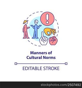 Manners of cultural norms concept icon. Traditions and language. Etiquette category abstract idea thin line illustration. Isolated outline drawing. Editable stroke. Arial, Myriad Pro-Bold fonts used. Manners of cultural norms concept icon