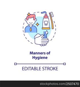 Manners of hygiene concept icon. Routine toilet habits. Etiquette category abstract idea thin line illustration. Isolated outline drawing. Editable stroke. Arial, Myriad Pro-Bold fonts used. Manners of hygiene concept icon