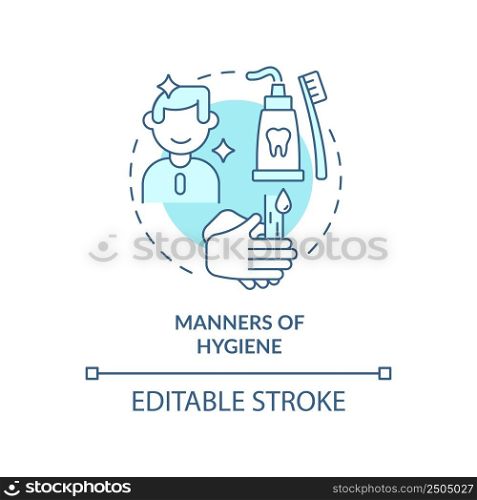 Manners of hygiene turquoise concept icon. Routine toilet habits. Etiquette category abstract idea thin line illustration. Isolated outline drawing. Editable stroke. Arial, Myriad Pro-Bold fonts used. Manners of hygiene turquoise concept icon