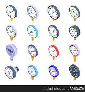 Manometer icons set. Isometric set of manometer vector icons for web design isolated on white background. Manometer icons set, isometric style