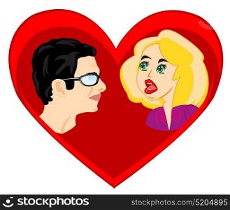 Mans and woman on background red heart. Red heart symbol love