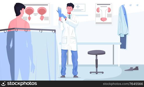 Mans doctor flat composition with male patient visiting andrologist or urologist cabinet vector illustration