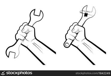 Mans hand clenches a huge wrench in a fist. Hard work, working professions. Labor Day. Isolated vector on white background