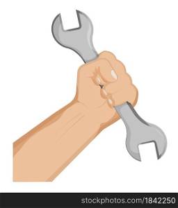 Mans hand clenches huge wrench in fist. Hard work, working professions. Labor Day. Isolated vector on white background
