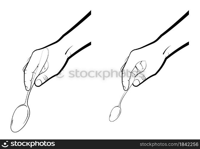 mans hand holds a large and small spoon. Realistic gestures, cooking and drinks. Isolated vector on white background