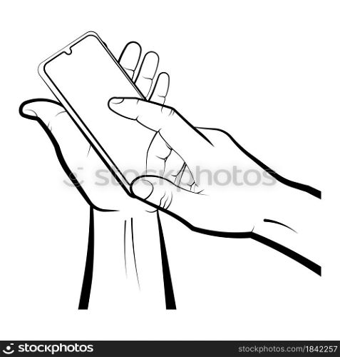 mans hand holds a smartphone and presses a finger on the touch screen. Using portable smart devices, navigation, communication. Isolated vector on white background