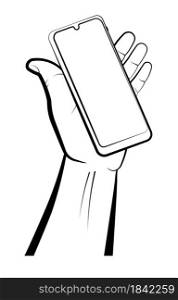 mans hand holds a smartphone. Using portable smart devices. Isolated vector on white background