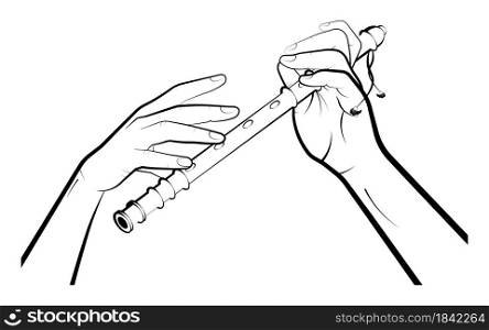 Mans hands are playing on a wooden pipe, flute. Musical folk wind instruments. Isolated vector on white background