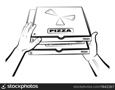 mans hands hold a closed boxs with pizza. Italian Cuisine. Home delivery food. Isolated vector on white background