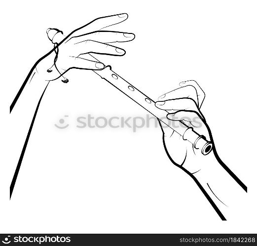 Mans hands playing on wooden pipe, flute. Musical folk wind instruments. Isolated vector on white background