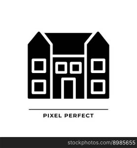 Mansion black glyph icon. Large dwelling house. Luxury real estate. Purchase expensive property. Residence. Silhouette symbol on white space. Solid pictogram. Vector isolated illustration. Mansion black glyph icon