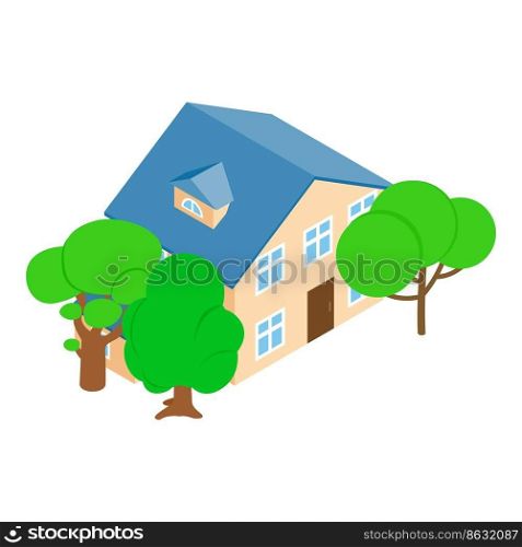 Mansion icon isometric vector. Large two storey building and deciduous tree icon. New modern residential house, townhouse. Mansion icon isometric vector. Large two storey building and deciduous tree icon