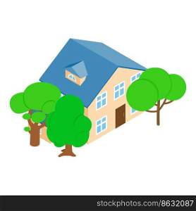 Mansion icon isometric vector. Large two storey building and deciduous tree icon. New modern residential house, townhouse. Mansion icon isometric vector. Large two storey building and deciduous tree icon