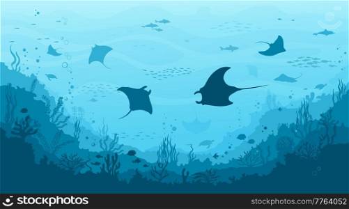 Manta ray and stingray, seaweed and reef underwater landscape. Sea bottom life, deep sea flora and fauna vector background with corals and ocean animals. Seafloor aquatic landscape with manta rays. Underwater landscape background with manta ray