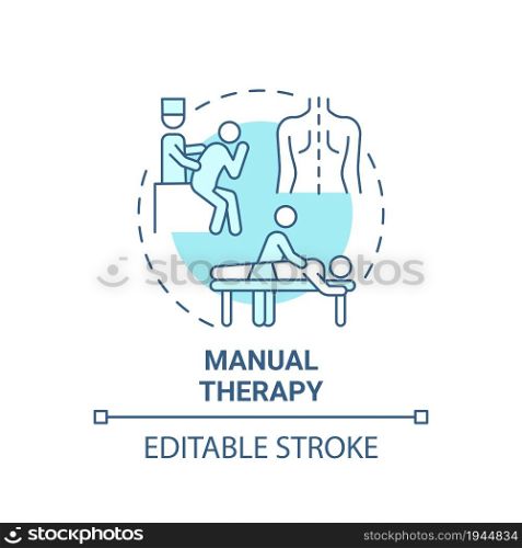 Manual therapy blue concept icon. Pulmonary rehabilitation abstract idea thin line illustration. Muscle, joints force manipulations. Massage. Vector isolated outline color drawing. Editable stroke. Manual therapy blue concept icon