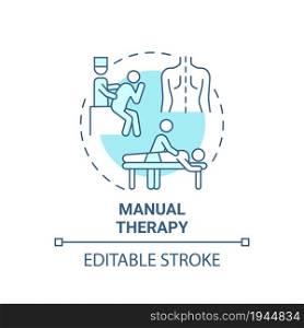 Manual therapy blue concept icon. Pulmonary rehabilitation abstract idea thin line illustration. Muscle, joints force manipulations. Massage. Vector isolated outline color drawing. Editable stroke. Manual therapy blue concept icon