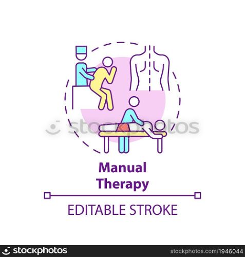Manual therapy concept icon. Pulmonary rehabilitation abstract idea thin line illustration. Muscle, joints force manipulations. Spinal massage. Vector isolated outline color drawing. Editable stroke. Manual therapy concept icon
