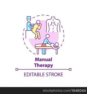 Manual therapy concept icon. Pulmonary rehabilitation abstract idea thin line illustration. Muscle, joints force manipulations. Spinal massage. Vector isolated outline color drawing. Editable stroke. Manual therapy concept icon