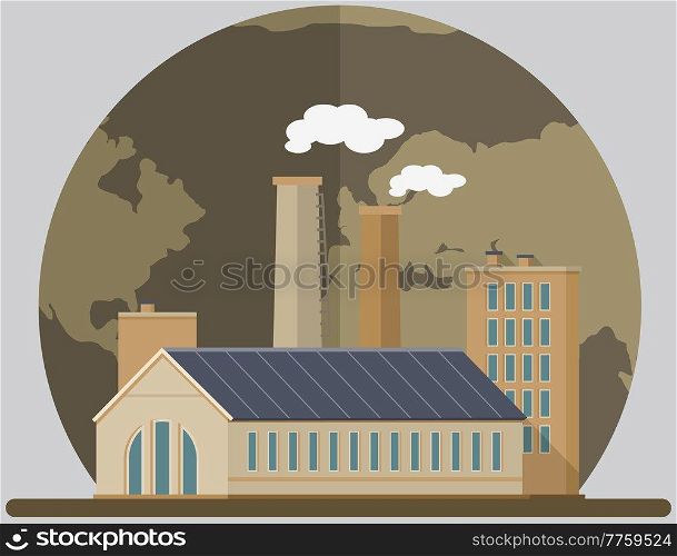 Manufactures and plants pollute air and atmosphere. Construction buildings against background of destroyed planet. Energy production factory, enterprise and disastrous emissions of smoke and smog. Manufactures and factories pollute air and atmosphere. Enterprise on background of destroyed planet.