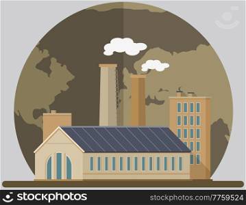 Manufactures and plants pollute air and atmosphere. Construction buildings against background of destroyed planet. Energy production factory, enterprise and disastrous emissions of smoke and smog. Manufactures and factories pollute air and atmosphere. Enterprise on background of destroyed planet.