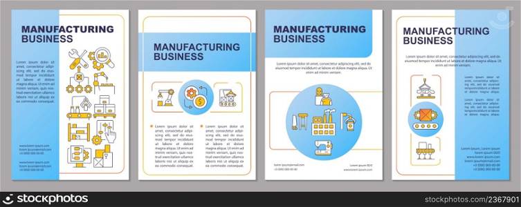 Manufacturing business blue brochure template. Production of goods. Leaflet design with linear icons. 4 vector layouts for presentation, annual reports. Arial, Myriad Pro-Regular fonts used. Manufacturing business blue brochure template