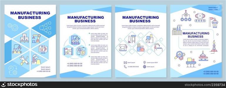 Manufacturing business brochure template. Production of goods. Leaflet design with linear icons. 4 vector layouts for presentation, annual reports. Arial-Black, Myriad Pro-Regular fonts used. Manufacturing business brochure template