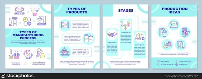 Manufacturing business guideline brochure template. Goods production. Leaflet design with linear icons. 4 vector layouts for presentation, annual reports. Arial-Black, Myriad Pro-Regular fonts used. Manufacturing business guideline brochure template