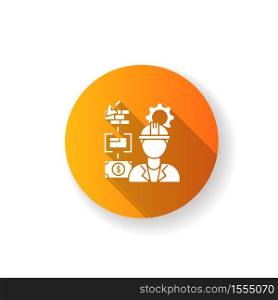 Manufacturing engineer orange flat design long shadow glyph icon. Manufacturing project steps. Specialist to overview building progress. Development on construction. Silhouette RGB color illustration. Manufacturing engineer orange flat design long shadow glyph icon