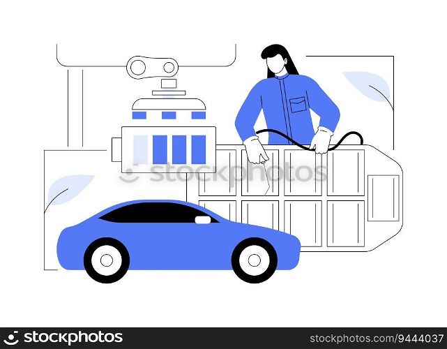 Manufacturing EV battery abstract concept vector illustration. Factory workers create eco-friendly batteries, ecology environment, sustainable energy, accumulators manufacturing abstract metaphor.. Manufacturing EV battery abstract concept vector illustration.