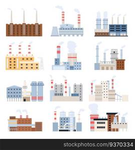 Manufacturing factory. Industrial building, electricity station, nuclear power plant and chemical chimney. Factories vector set building industrial, manufacturing construction illustration. Manufacturing factory. Industrial building, electricity station, nuclear power plant and chemical complex with chimney. Factories vector set