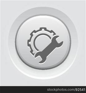 Manufacturing Icon. Gear and Wrench. Service Symbol.. Manufacturing Icon. Gear and Wrench. Service Symbol. Flat Line Pictogram. Isolated on white background. Grey Button Design.