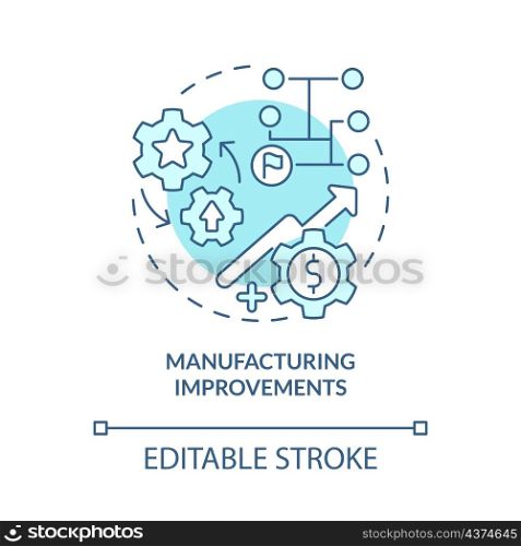 Manufacturing improvements turquoise concept icon. Digital twin task abstract idea thin line illustration. Isolated outline drawing. Editable stroke. Roboto-Medium, Myriad Pro-Bold fonts used. Manufacturing improvements turquoise concept icon