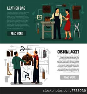 Manufacturing of leather clothing and accessories horizontal banners with customers and skinners demonstrating finished goods flat vector illustration . Customers And Skinners Horizontal Banners 