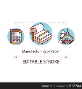 Manufacturing of paper concept icon. Local production idea thin line illustration. Cutting down trees for producing paper. Small bussiness process. Vector isolated outline drawing. Editable stroke