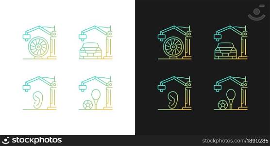 Manufacturing process gradient icons set for dark and light mode. 3d printed car. Artificial ear. Thin line contour symbols bundle. Isolated vector outline illustrations collection on black and white. Manufacturing process gradient icons set for dark and light mode
