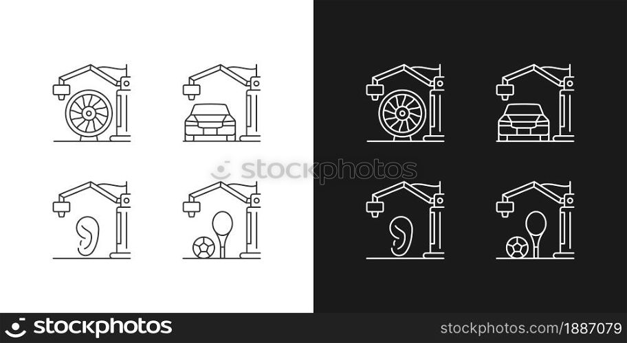 Manufacturing process linear icons set for dark and light mode. 3d printed car. Aerospace industry. Customizable thin line symbols. Isolated vector outline illustrations. Editable stroke. Manufacturing process linear icons set for dark and light mode