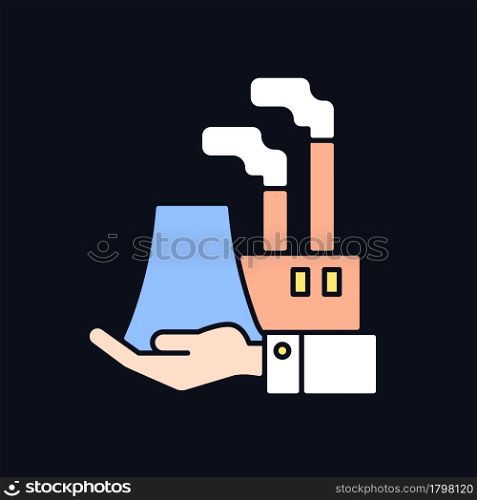 Manufacturing RGB color icon for dark theme. Plants and ownership. Production of goods. Machine industry. Isolated vector illustration on night mode background. Simple filled line drawing on black. Manufacturing RGB color icon for dark theme