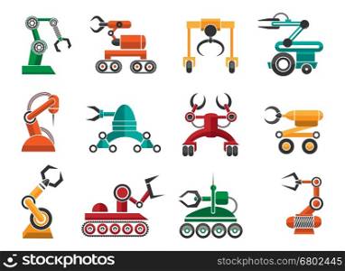 Manufacturing robotic auto hands icons. Manufacturing robotic auto hands machinery technology items isolated on white background. Industrial machine arms vector icons