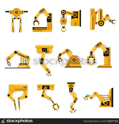 Manufacturing robots arms. Automation equipment, factory robots arm tools, manufacture mechanical science equipment hand vector illustration set. Equipment automation, arm factory for manufacture. Manufacturing robots arms. Automation equipment, factory robots arm tools, manufacture mechanical science equipment hand vector illustration set